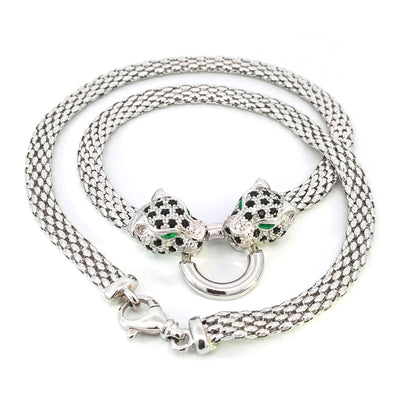 Collier popcorn en argent sterling italien avec têtes de léopard