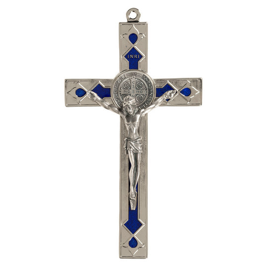 St. Benedict Silver Tone & Blue Crucifix - 19.5cm