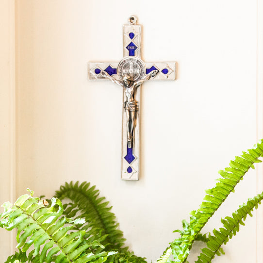 St. Benedict Silver Tone & Blue Crucifix - 19.5cm