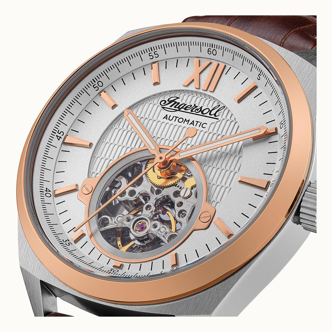 Montre Ingersoll The Shelby automatique en argent, or rose et cuir marron