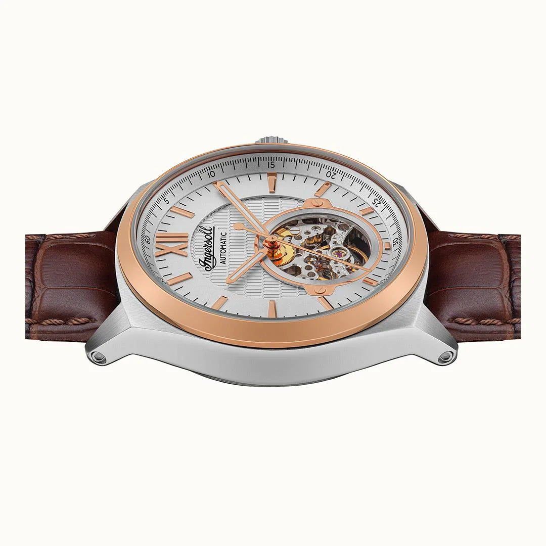 Montre Ingersoll The Shelby automatique en argent, or rose et cuir marron