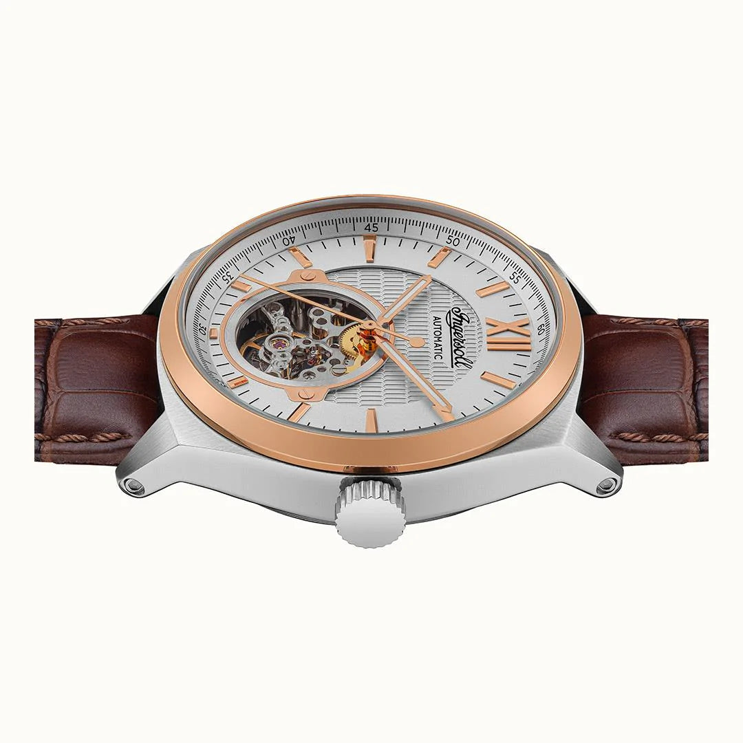 Montre Ingersoll The Shelby automatique en argent, or rose et cuir marron