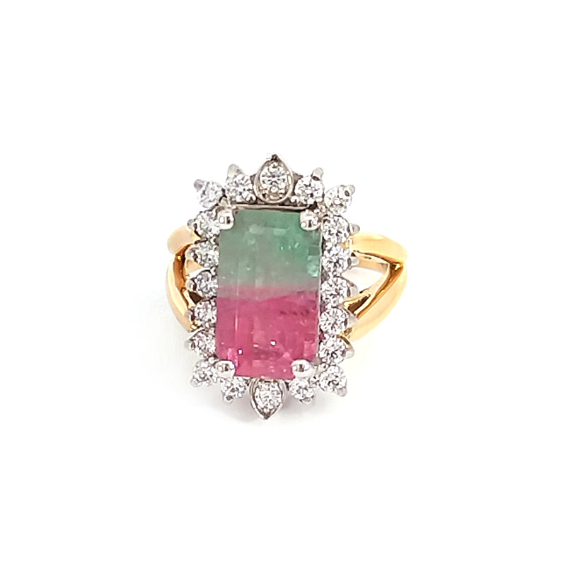 18ct Yellow Gold & Platinum Watermelon Tourmaline & Diamond Cluster Ring - Size "O" Watermelon Tourmaline Natural 6.2cts 20 x 0.04pt F/VS RBC Diamonds TDW=0.78cts