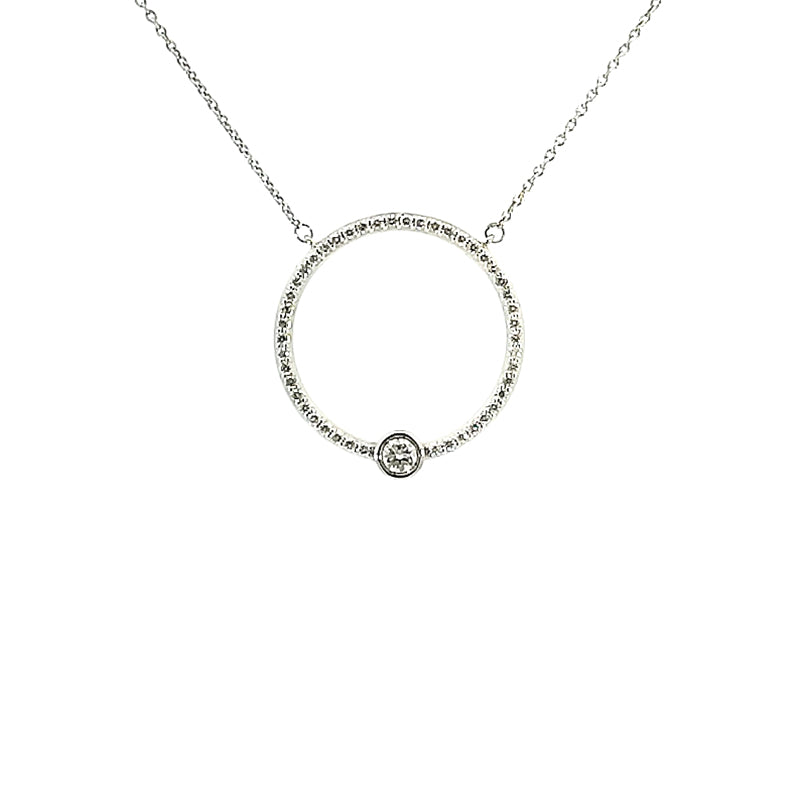 9ct White Gold Diamond Set Circle Pendant + Necklace TDW=0.33ct H-I/I1