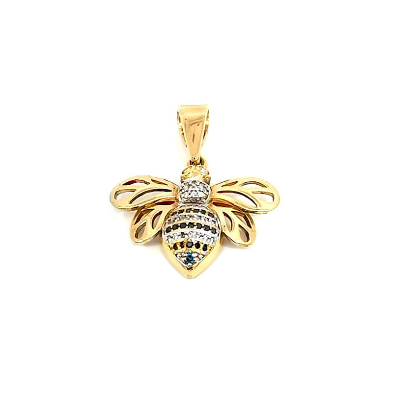 18ct Yellow Gold Diamond Set Large Bee Pendant Only. White/Black & Blue Diamonds TDW = 0.25cts Chains sold separately.
