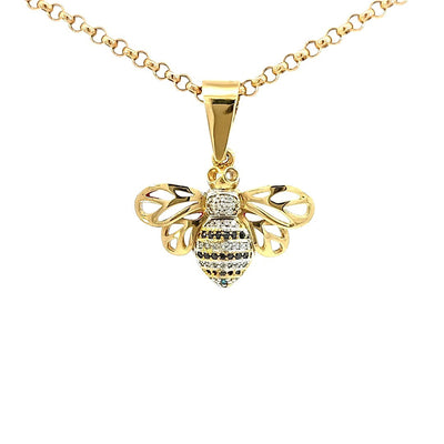 18ct Yellow Gold Diamond Set Large Bee Pendant Only. White/Black & Blue Diamonds TDW = 0.25cts Chains sold separately.