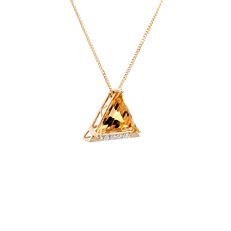 9ct Yellow Gold Triangular Citrine & Diamond-set Pendant & Chain