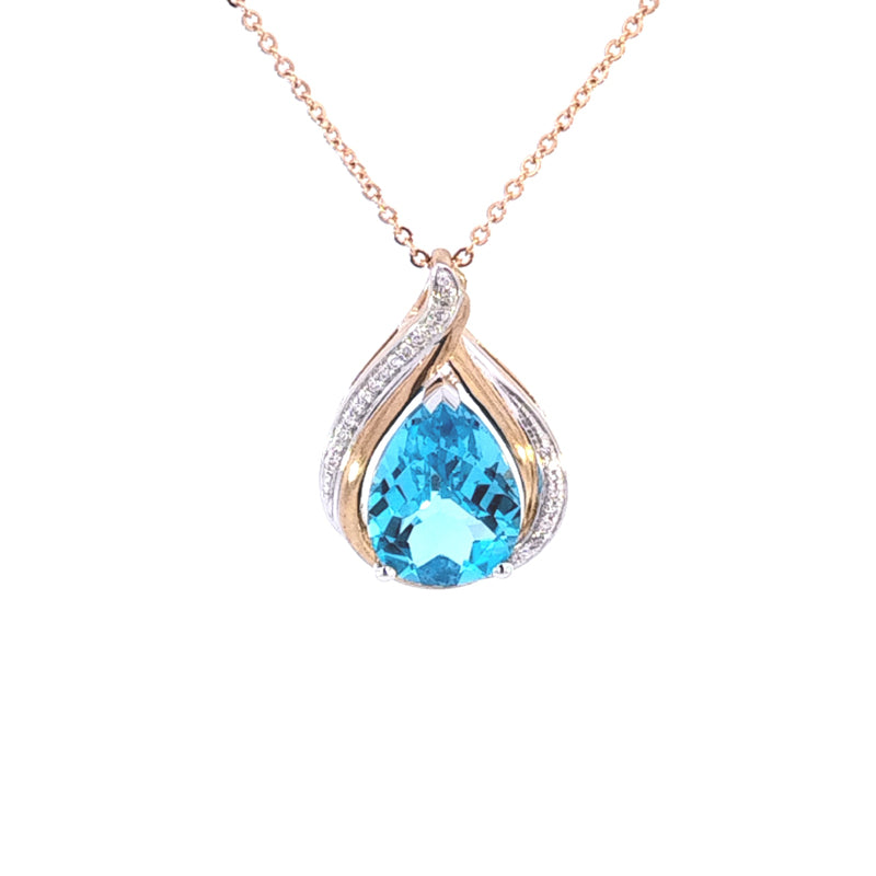 9ct Yellow Gold with Pear Shaped Blue Topaz and Diamond Set Pendant TDW=0.10cts