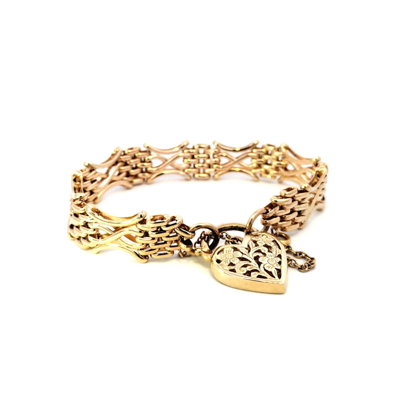 9ct Yellow Gold Fancy Gate Bracelet with Padlock and safety chain 30.65gms