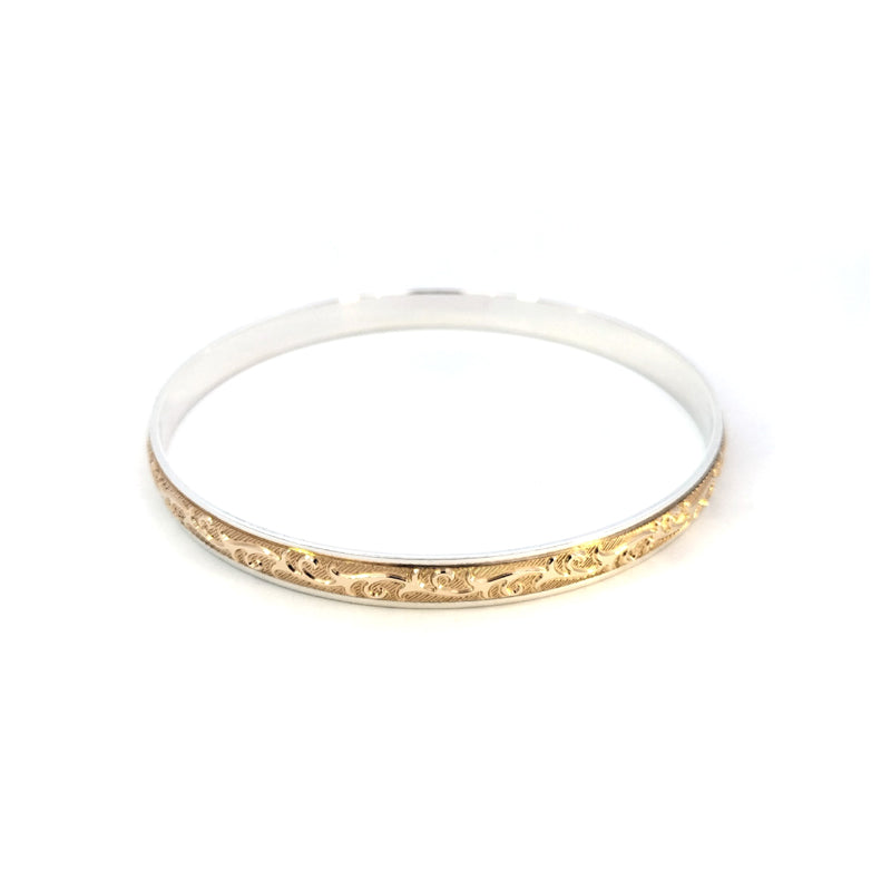 Solid Patterned 9ct Yellow Gold and Sterling Silver Bangle 65mm
