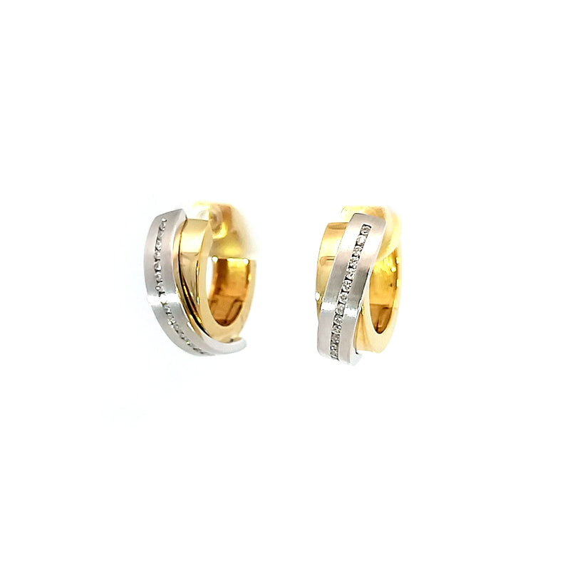 18ct Yellow & White Gold Diamond Set Cross-Over Hinged Huggie Earrings TDW=0.187cts G/Si