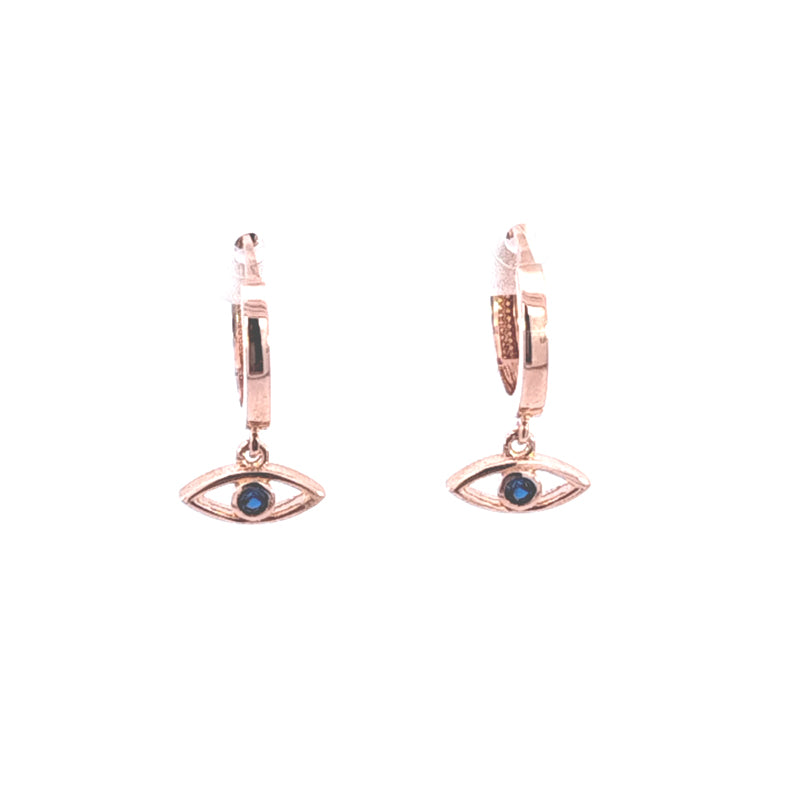 9ct Rose Gold Drop Huggies with Blue CZ Evil Eye