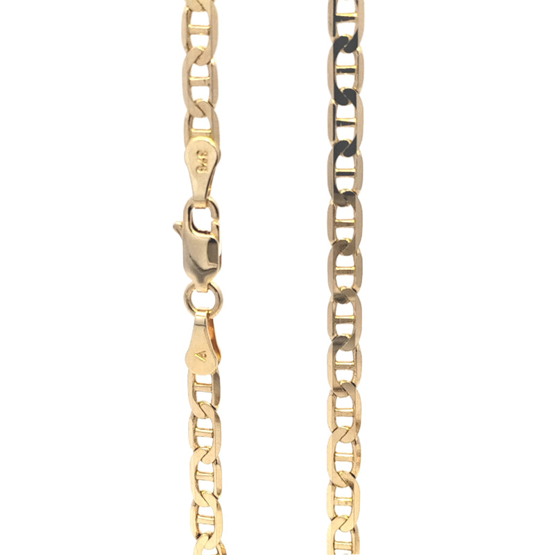 9ct Yellow Gold Diamond-cut Solid Mariner Anchor Chain This chain is 3mm wide and 55cm long. 11.35 grams total gold weight.