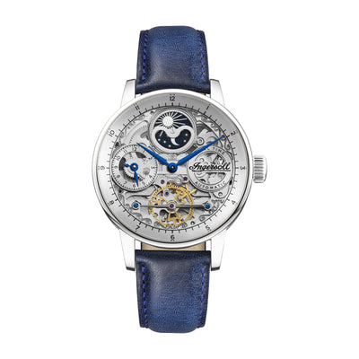 Orologio Ingersoll The Jazz Silver Skeleton con cinturino in pelle blu