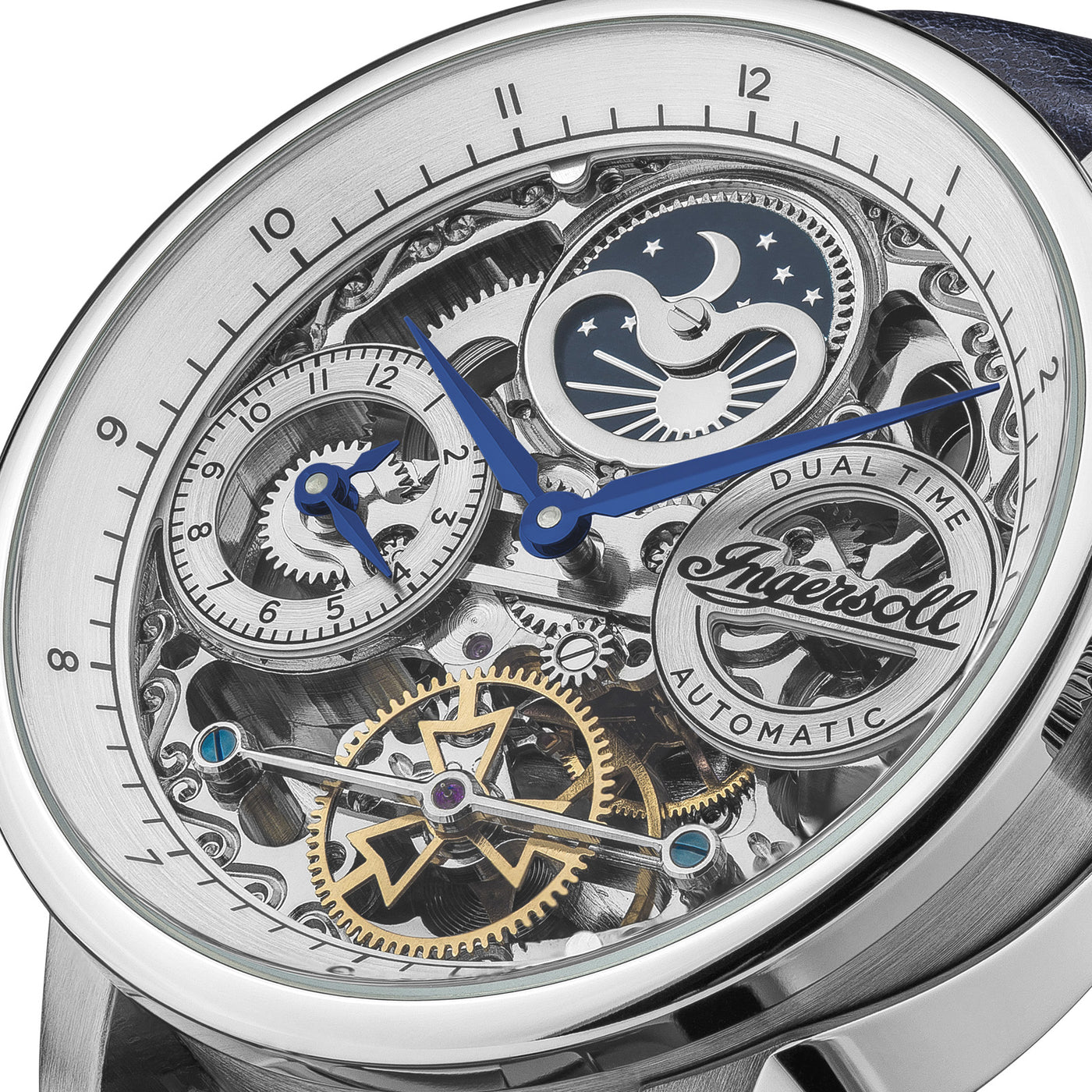 Orologio Ingersoll The Jazz Silver Skeleton con cinturino in pelle blu