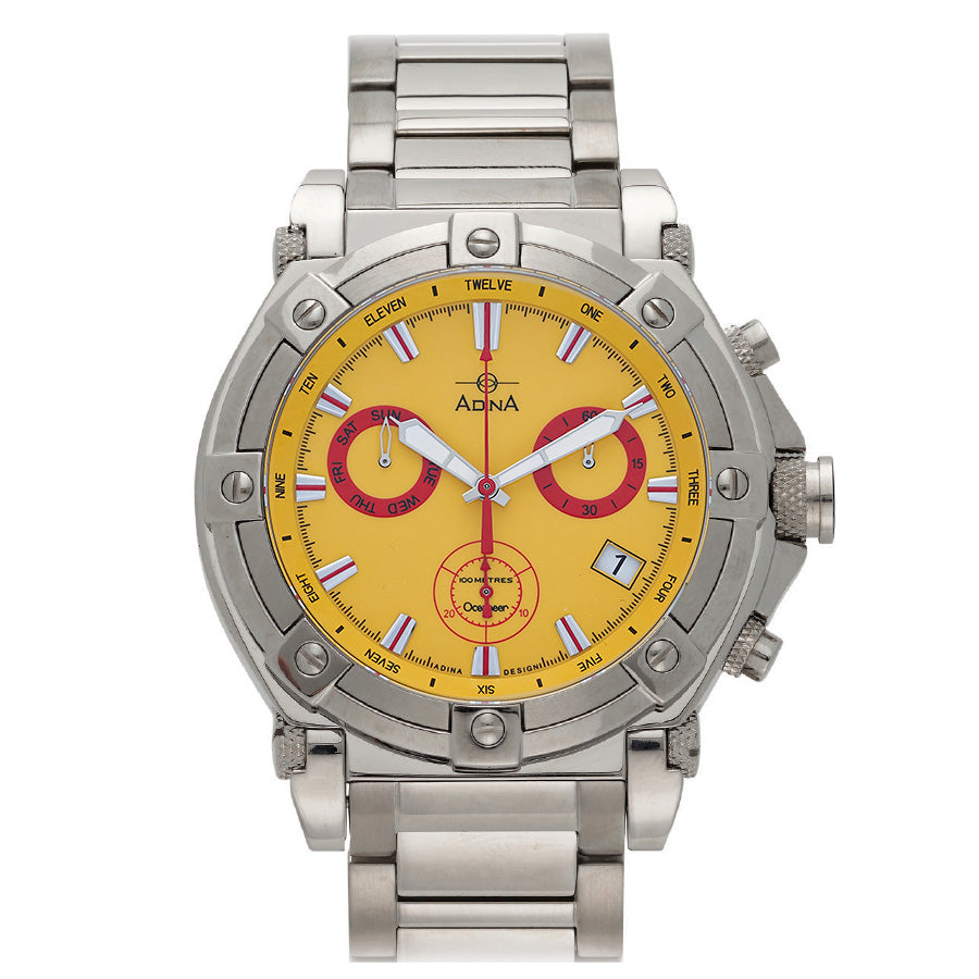 The excitement starts the moment you snap the buckle shut on this imposing yellow dialled, Adina Oceaneer Chronograph Sports Watch GW10 SYXB. Polished steel and bred not only to party in, this sport pedigree Oceaneer brings the confidence to seal the deal. Its signature red sub dials are a standout under the highly scratch resistant sapphire crystal, whilst the feeling of the solid steel bracelet is sublime.