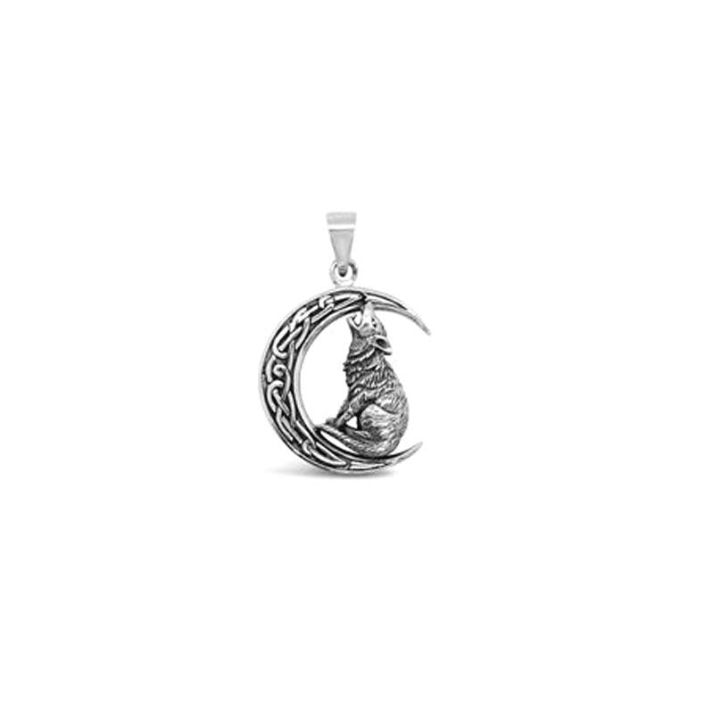 Sterling Silver Wolf and Half Moon Pendant