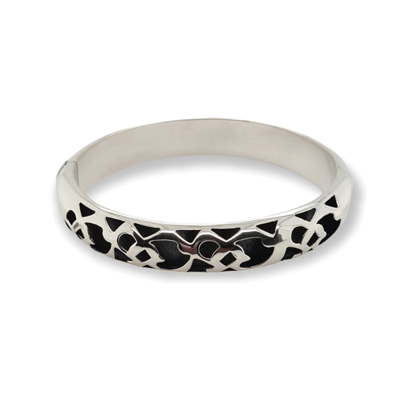 Sterling Silver 10x60mm Oxidised Pattern Hinged Bangle