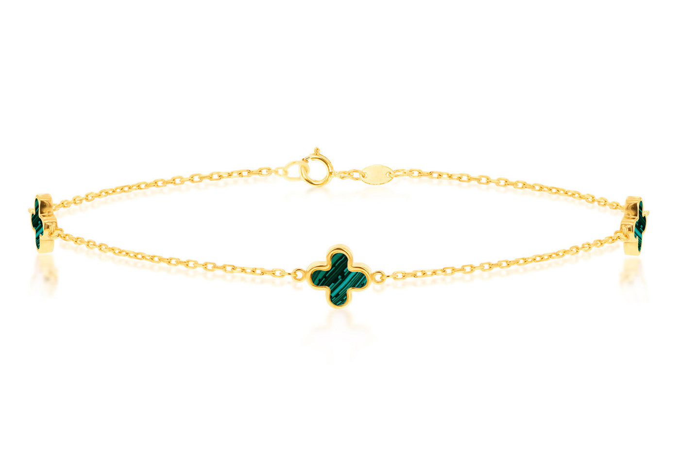 Bracciale in oro giallo 9K con 3 petali di malachite, 19 cm