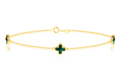 Bracciale in oro giallo 9K con 3 petali di malachite, 19 cm