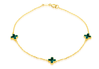 Bracciale in oro giallo 9K con 3 petali di malachite, 19 cm