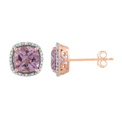 Boucles d'oreilles en améthyste rose avec diamants de 0,10 ct en or rose 9 carats