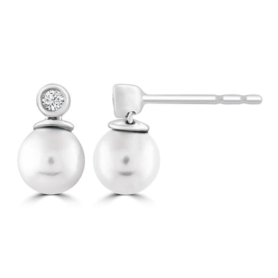 Boucles d'oreilles en or blanc 9 carats avec diamants de 0,04 ct et perles de rocaille - E-16543-004-W