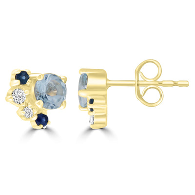 Boucles d'oreilles à tige en or jaune 9 carats avec diamants et aigue-marine de 0,08 ct