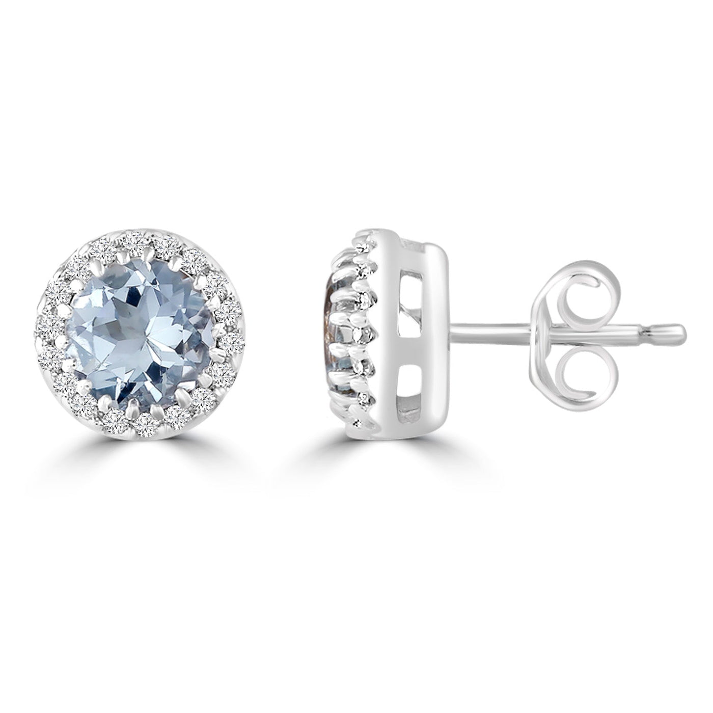 Boucles d'oreilles à tige en aigue-marine avec diamant de 0,05 ct en or blanc 9 carats