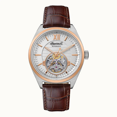 Montre Ingersoll The Shelby automatique en argent, or rose et cuir marron